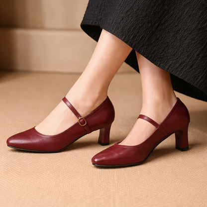 Celestina Italian Leather Block Heel Pumps with Buckle