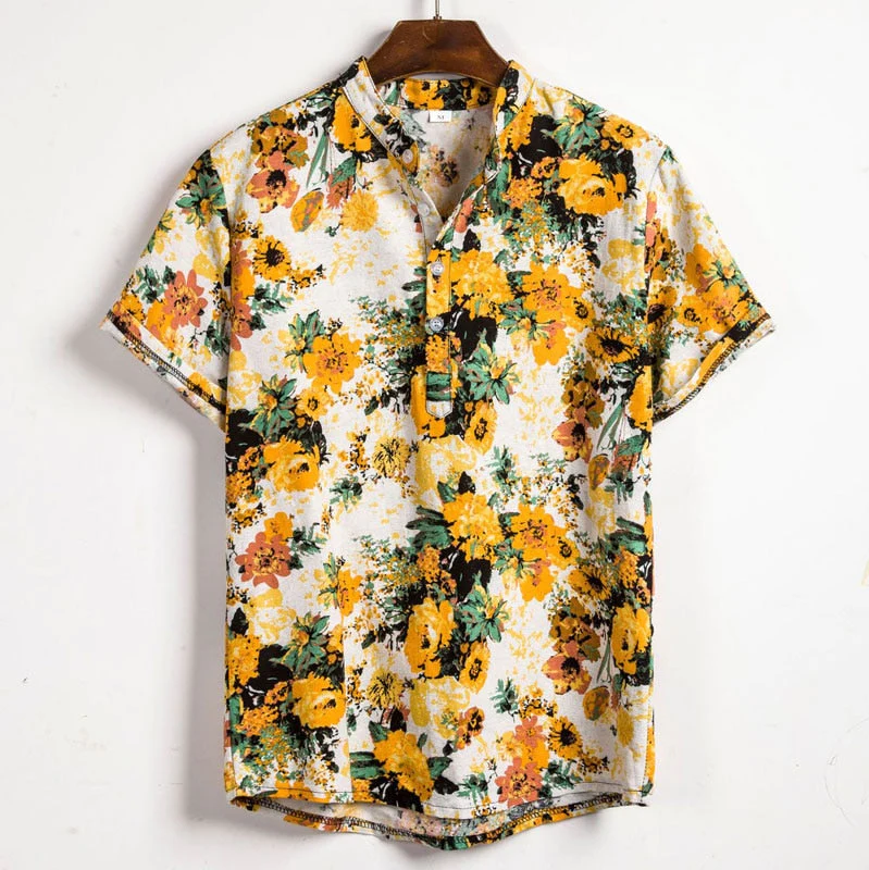 Men's Short-Sleeve Printed Shirt with Stand-Up Collar