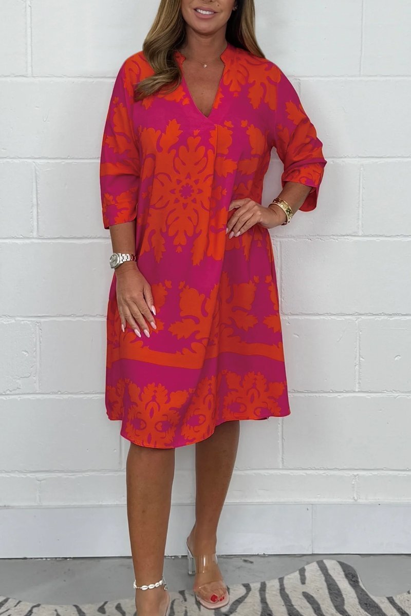 Printed V-Neck Midi Dress