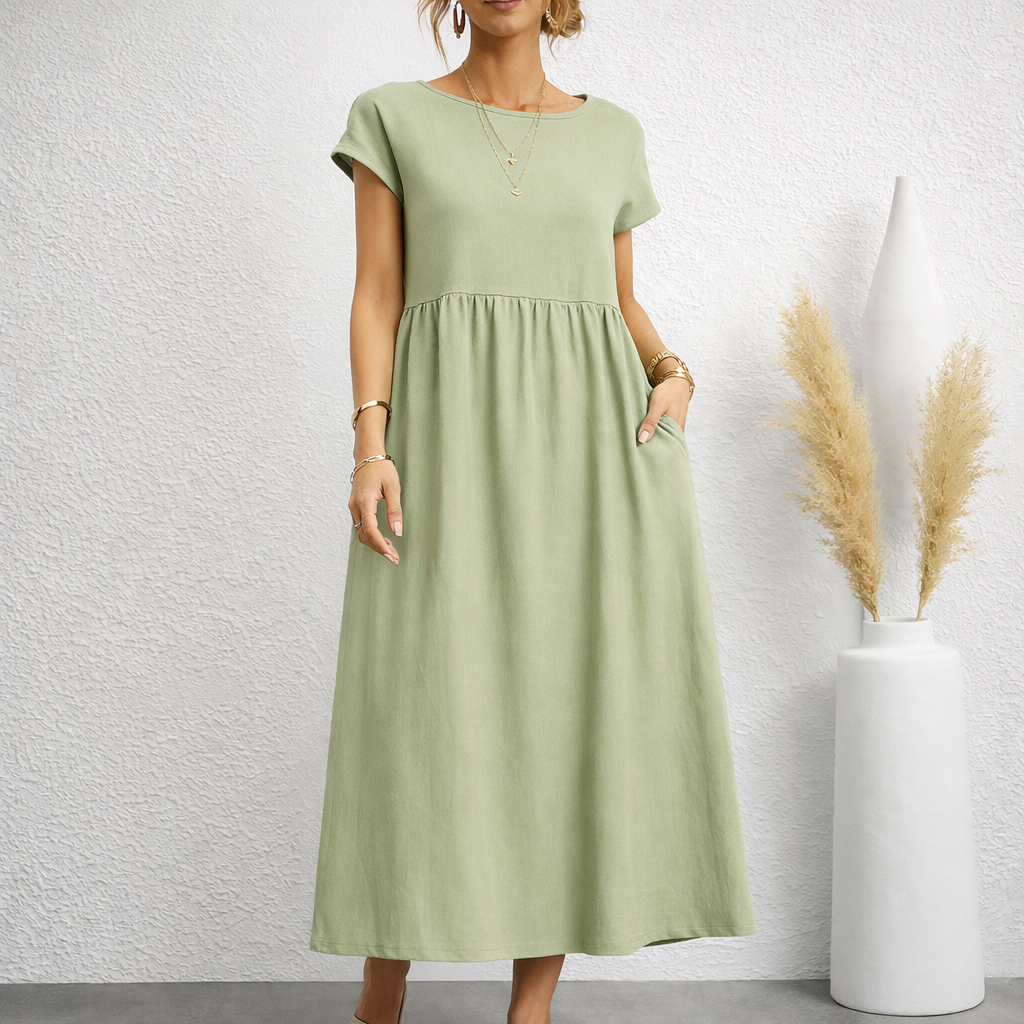 Linen Relaxed Midi Dress with Pockets