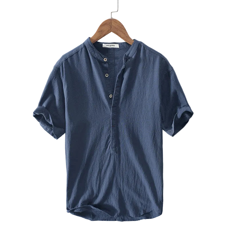 Men's Short Sleeve Linen Shirt with Stand-Up Collar