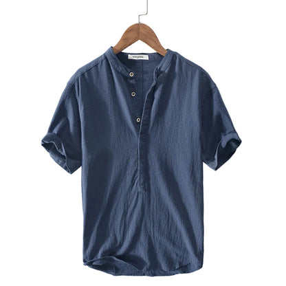 Men's Short Sleeve Linen Shirt with Stand-Up Collar