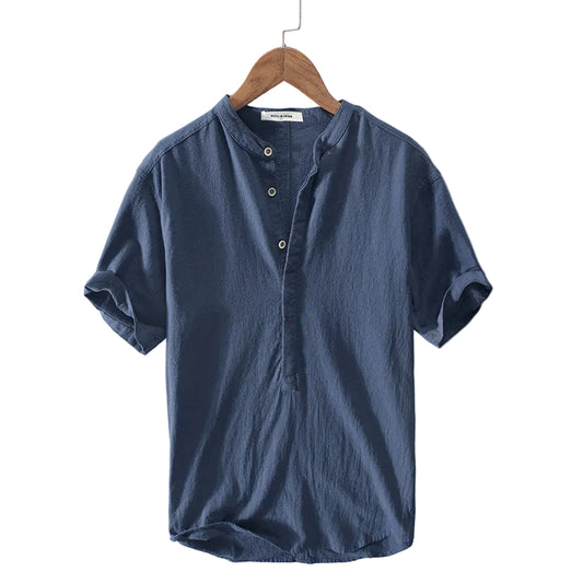 Men's Short Sleeve Linen Shirt with Stand-Up Collar