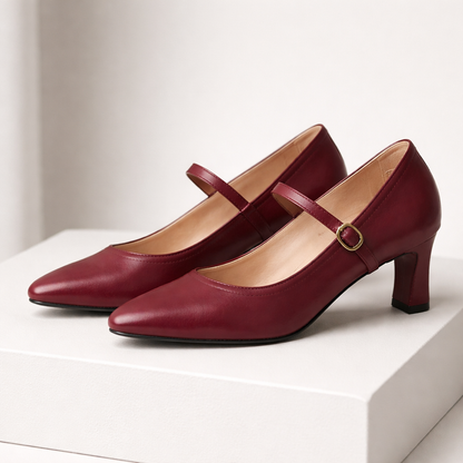 Leather Block Heel Pumps with Buckle