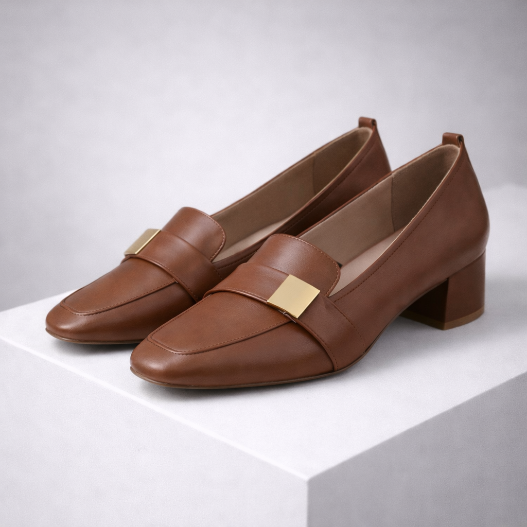 Celina Italian Leather Block Heels with Gold Accent