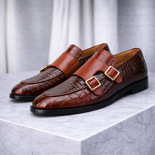 Marcelli Croc-Embossed Italian Leather Double Monk Strap Orthopedic Shoes