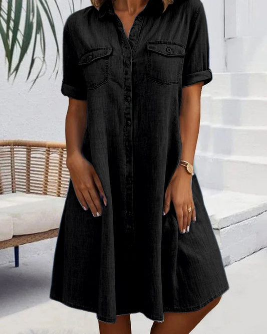 Lightweight Button-Down Shirt Dress - Black