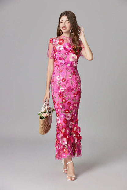 Celestina Mesh Floral Appliqué Maxi Dress