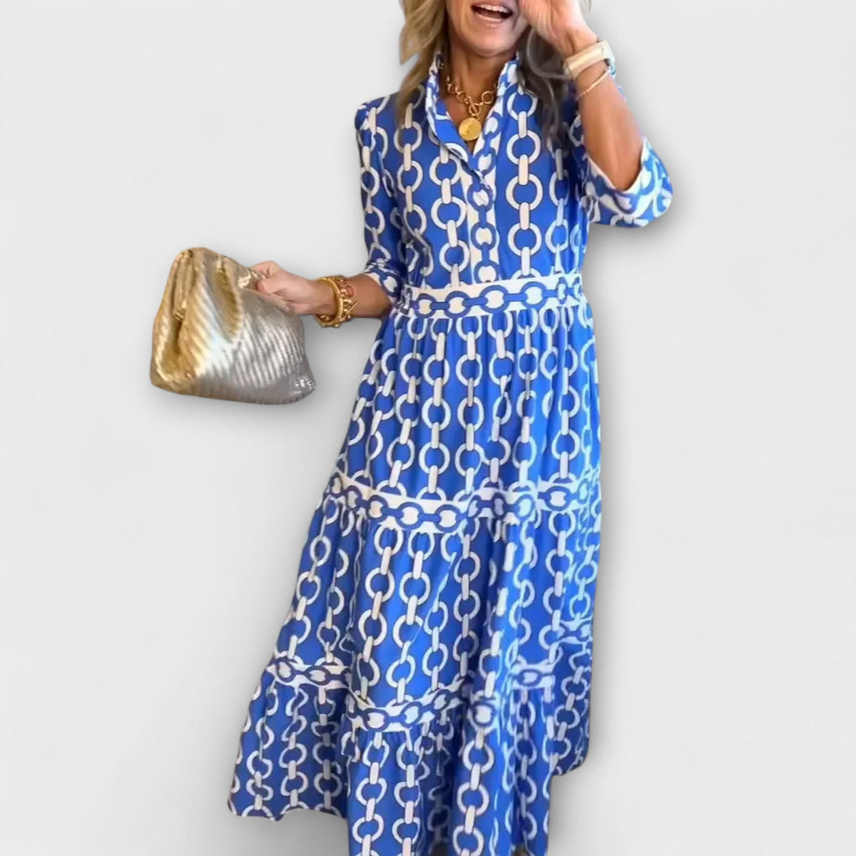 Three-Quarter Sleeve Printed Midi Dress