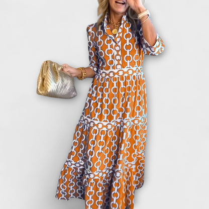 Three-Quarter Sleeve Printed Midi Dress
