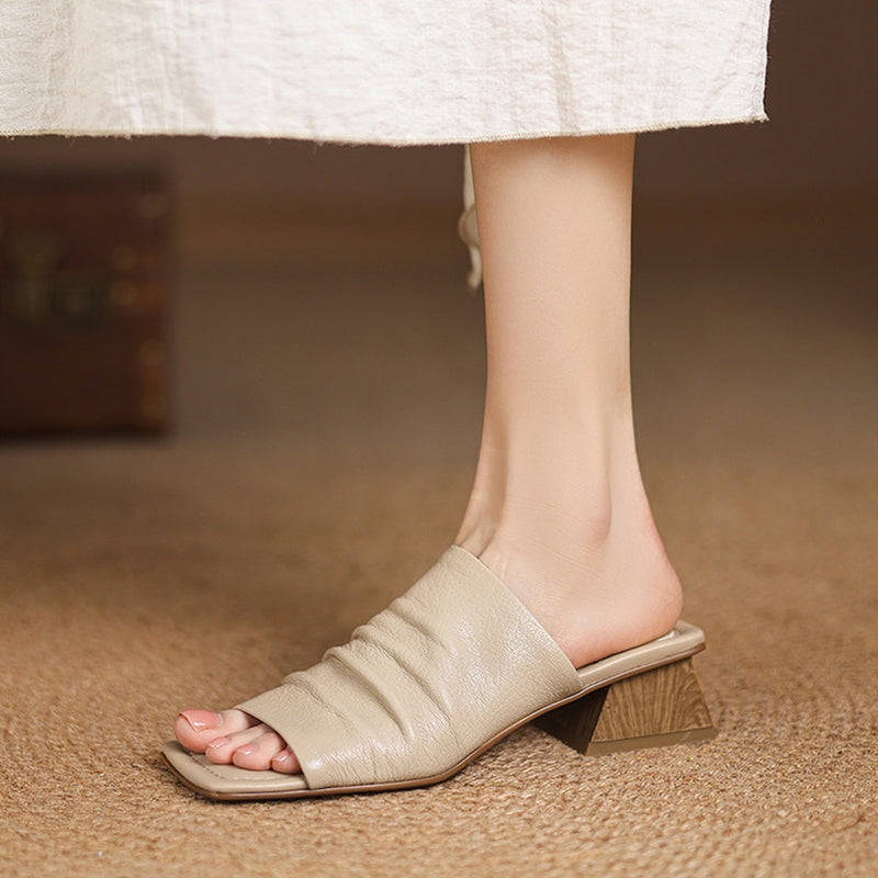 Leather Block Heel Slip-On Sandals
