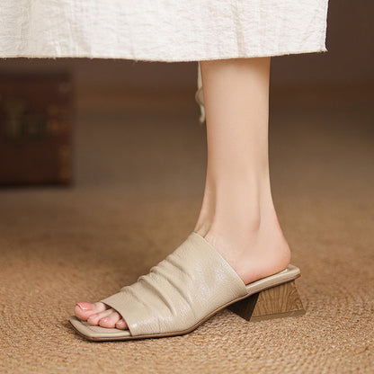 Leather Block Heel Slip-On Sandals