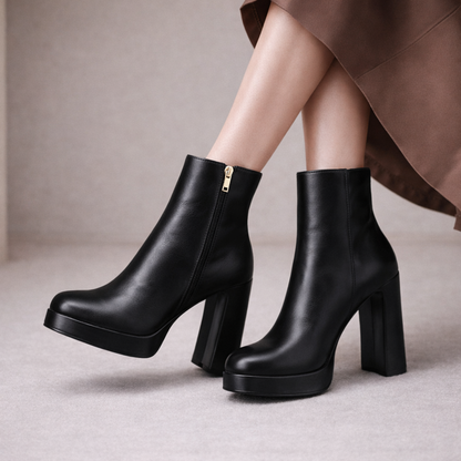 Celestina Italian Leather Block Heel Boots with Zipper