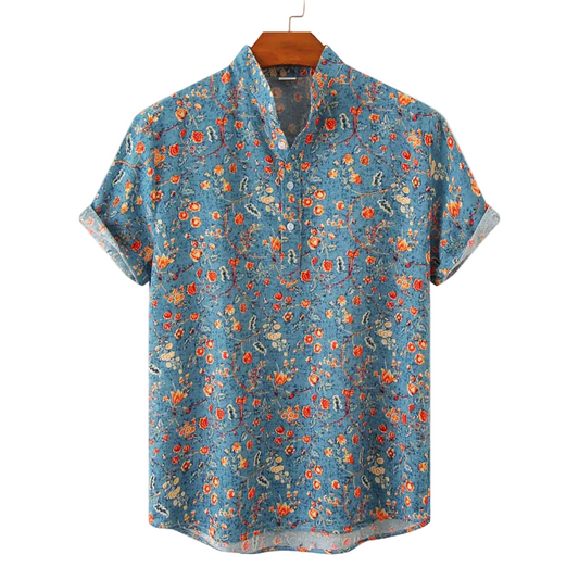 Men's Short-Sleeve Printed Shirt with Stand-Up Collar