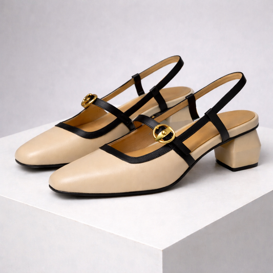 Viviana Italian Leather Block Heels with Gold Buckle