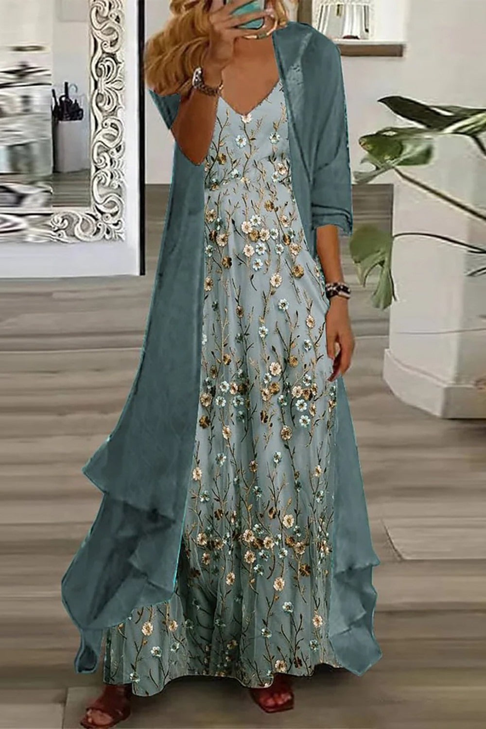 Celestine Floral V-Neck Maxi Dress with Duster Cardigan