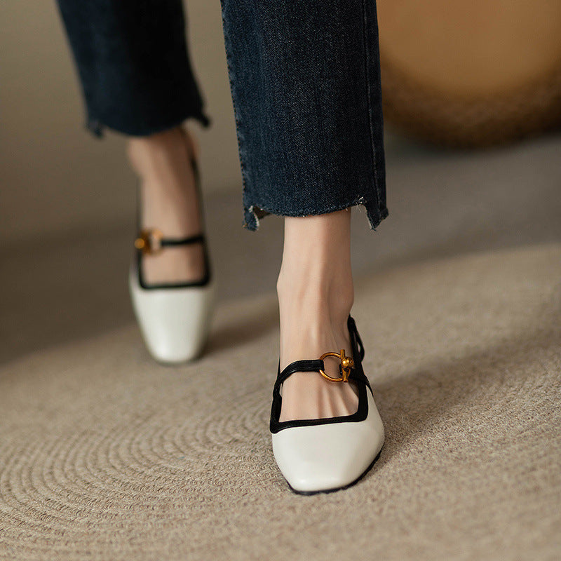 Viviana Italian Leather Block Heels with Gold Buckle