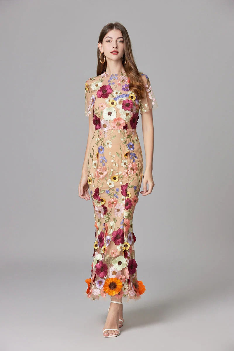 Celestina Mesh Floral Appliqué Maxi Dress
