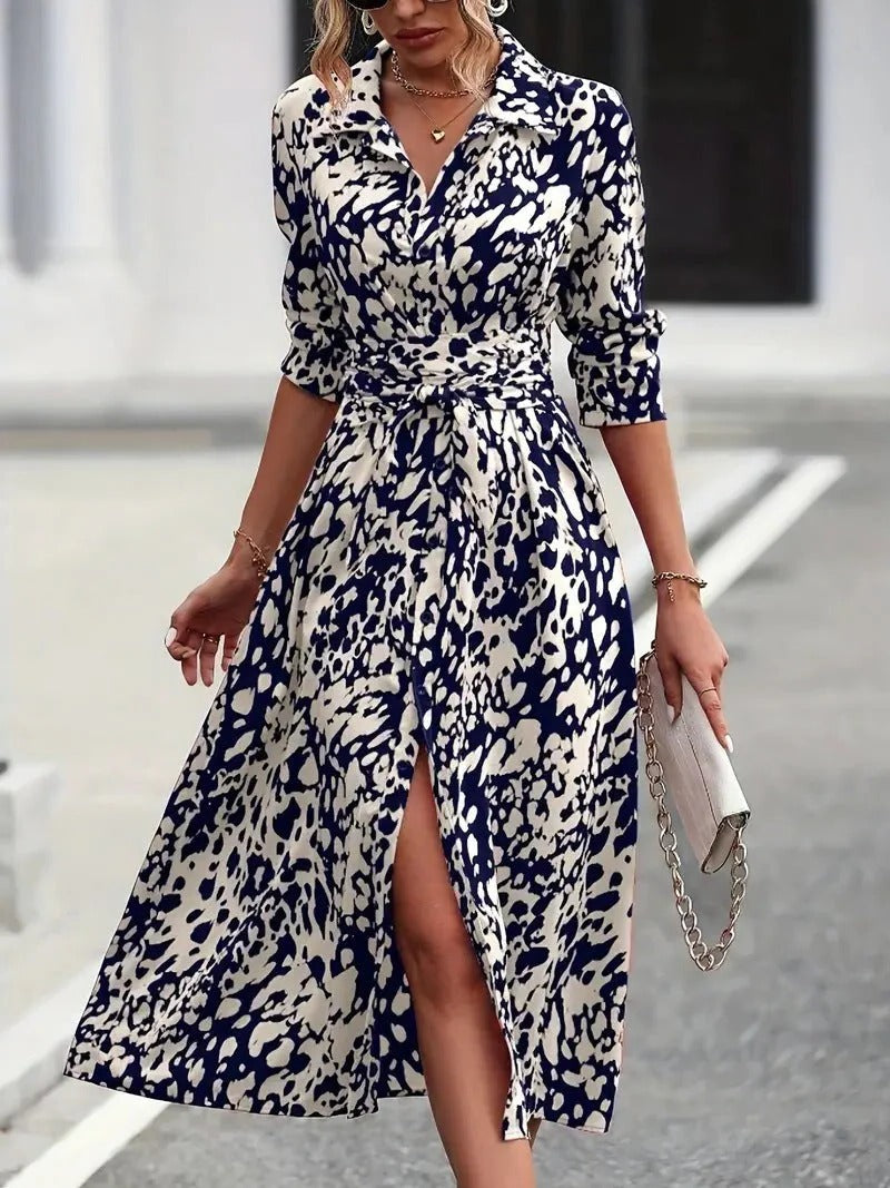 Celestina Abstract Print Belted Midi Dress