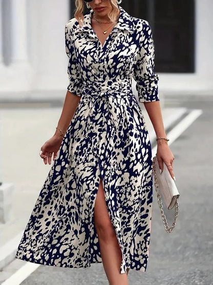 Celestina Abstract Print Belted Midi Dress