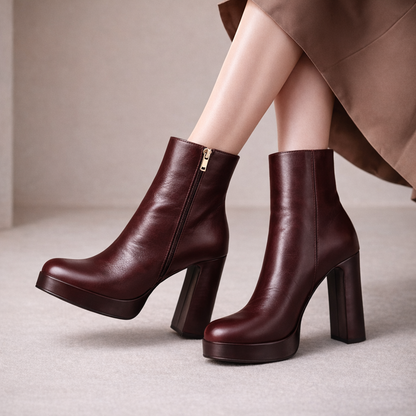 Celestina Italian Leather Block Heel Boots with Zipper
