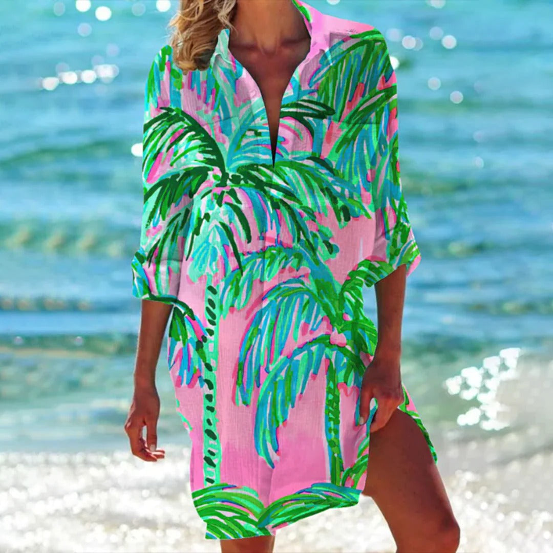 Serena Tropical Print Button-Up Shirt Dress