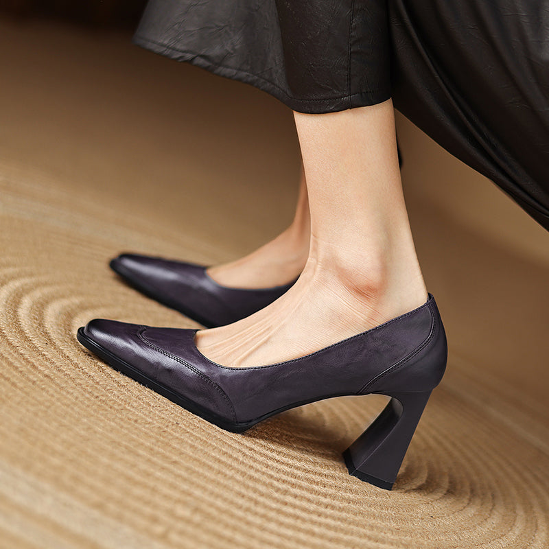Genuine Leather Block Heel Pumps