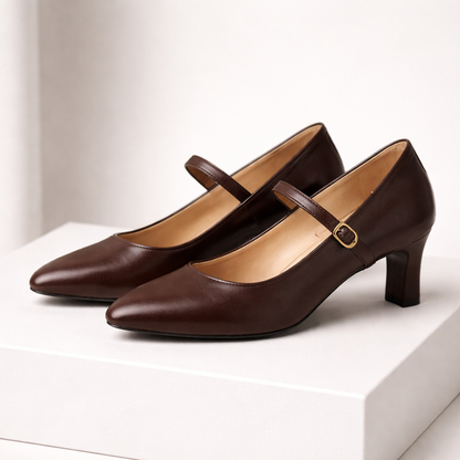 Leather Block Heel Pumps with Buckle