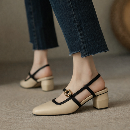 Viviana Italian Leather Block Heels with Gold Buckle