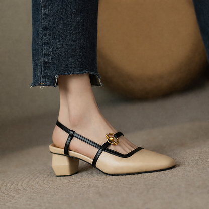 Viviana Italian Leather Block Heels with Gold Buckle