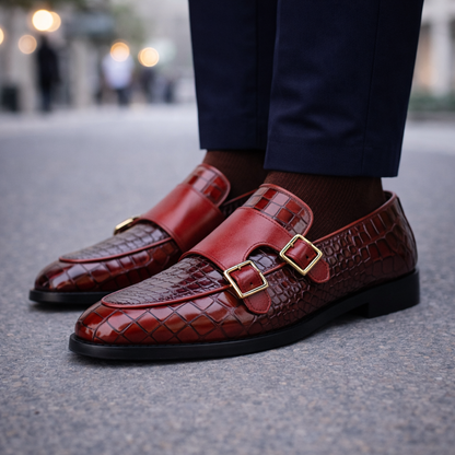 Marcelli Croc-Embossed Italian Leather Double Monk Strap Orthopedic Shoes
