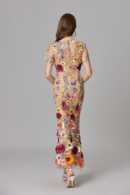 Celestina Mesh Floral Appliqué Maxi Dress
