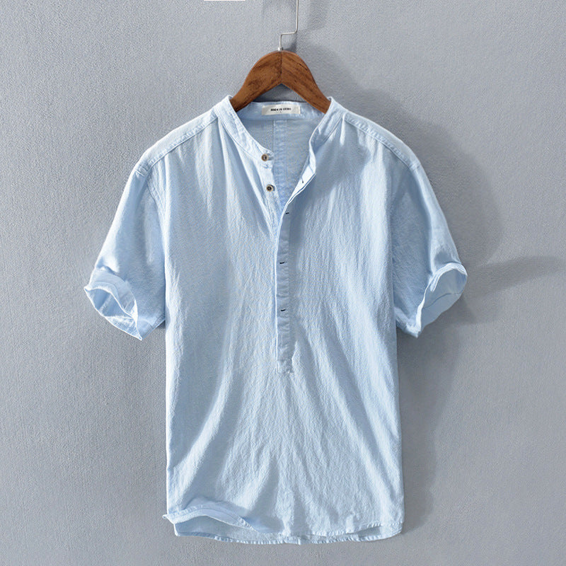 Men's Short Sleeve Linen Shirt with Stand-Up Collar