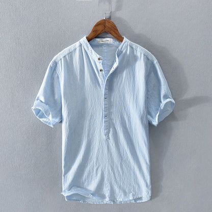 Men's Short Sleeve Linen Shirt with Stand-Up Collar