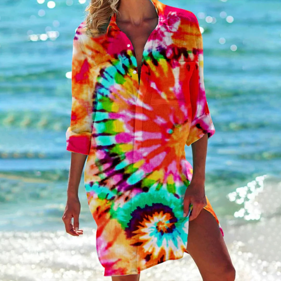 Serena Tropical Print Button-Up Shirt Dress