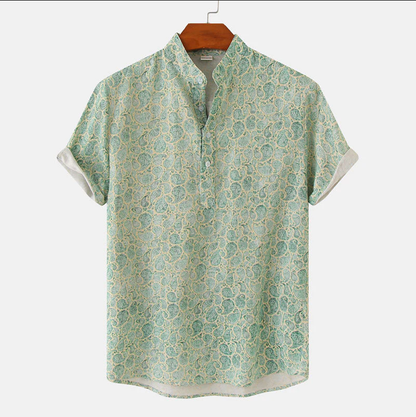 Men's Short-Sleeve Printed Shirt with Stand-Up Collar