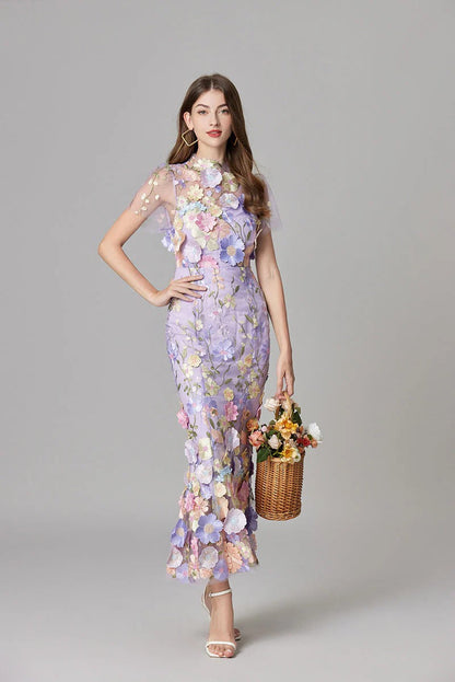 Celestina Mesh Floral Appliqué Maxi Dress