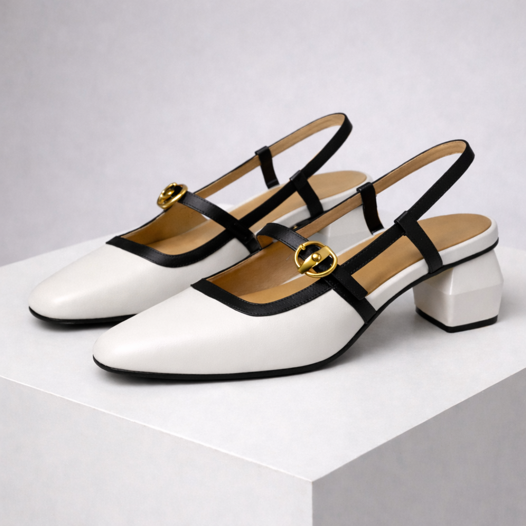 Viviana Italian Leather Block Heels with Gold Buckle