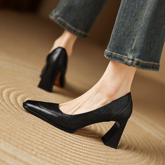 Genuine Leather Block Heel Pumps