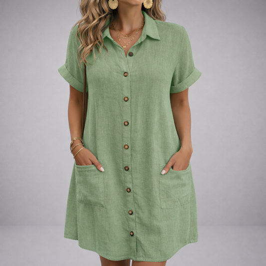 Linen-Blend Button-Up Dress with Pockets