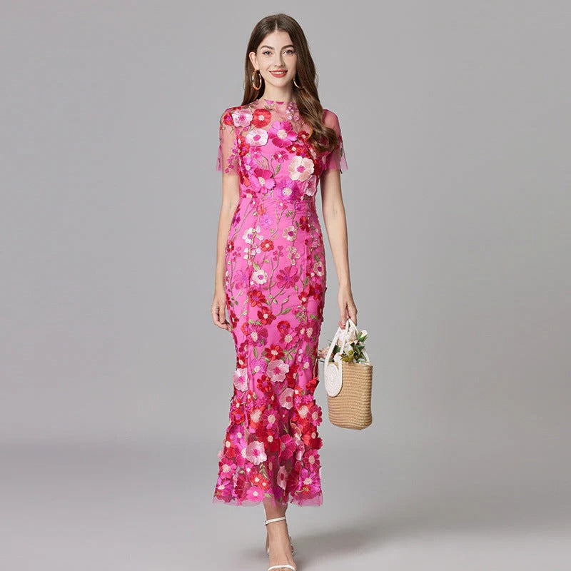 Celestina Mesh Floral Appliqué Maxi Dress