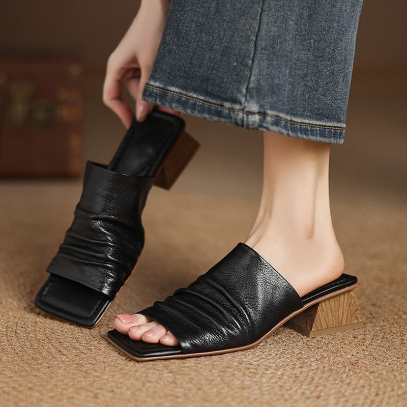 Genuine Leather Block Heel Slip-On Sandals