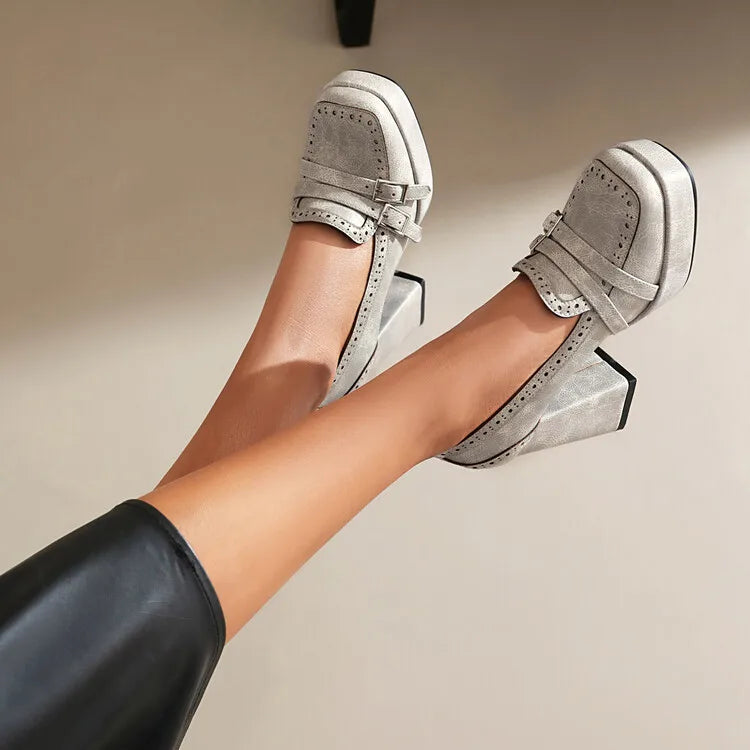 Bellara Leather Block Heels with Buckle Strap