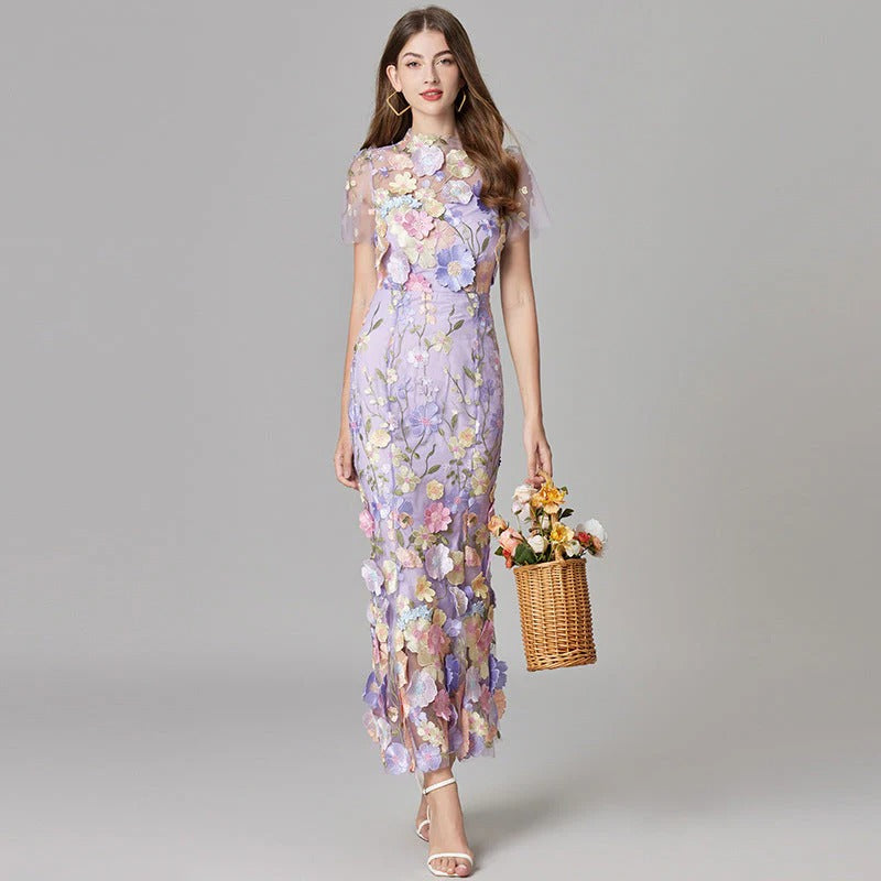 Celestina Mesh Floral Appliqué Maxi Dress