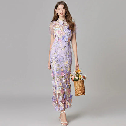 Celestina Mesh Floral Appliqué Maxi Dress