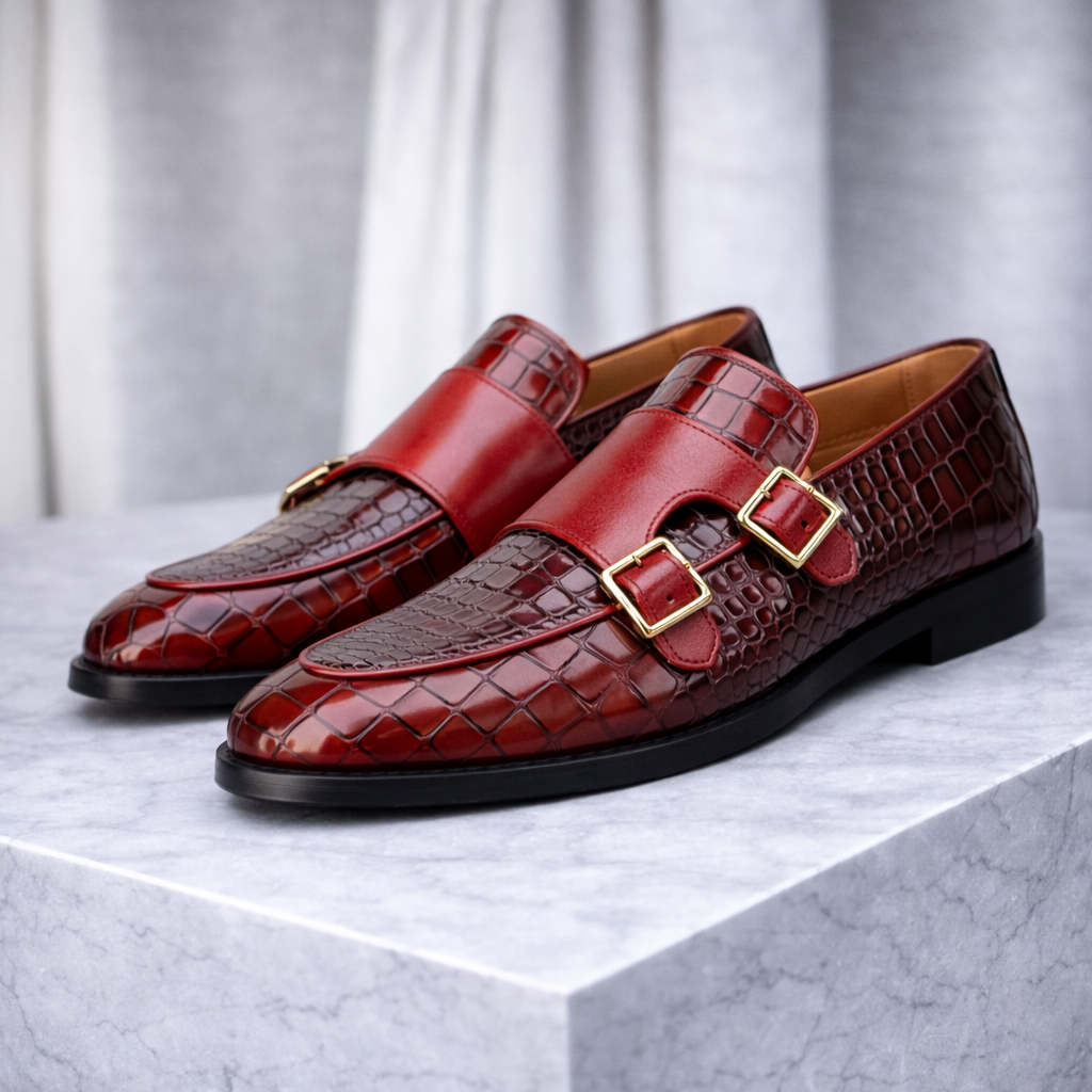 Marcelli Croc-Embossed Italian Leather Double Monk Strap Orthopedic Shoes