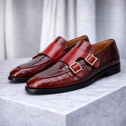 Marcelli Croc-Embossed Italian Leather Double Monk Strap Orthopedic Shoes