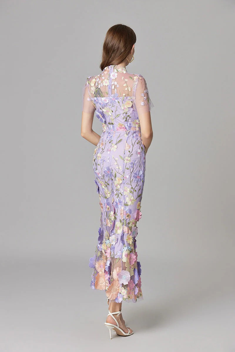 Celestina Mesh Floral Appliqué Maxi Dress