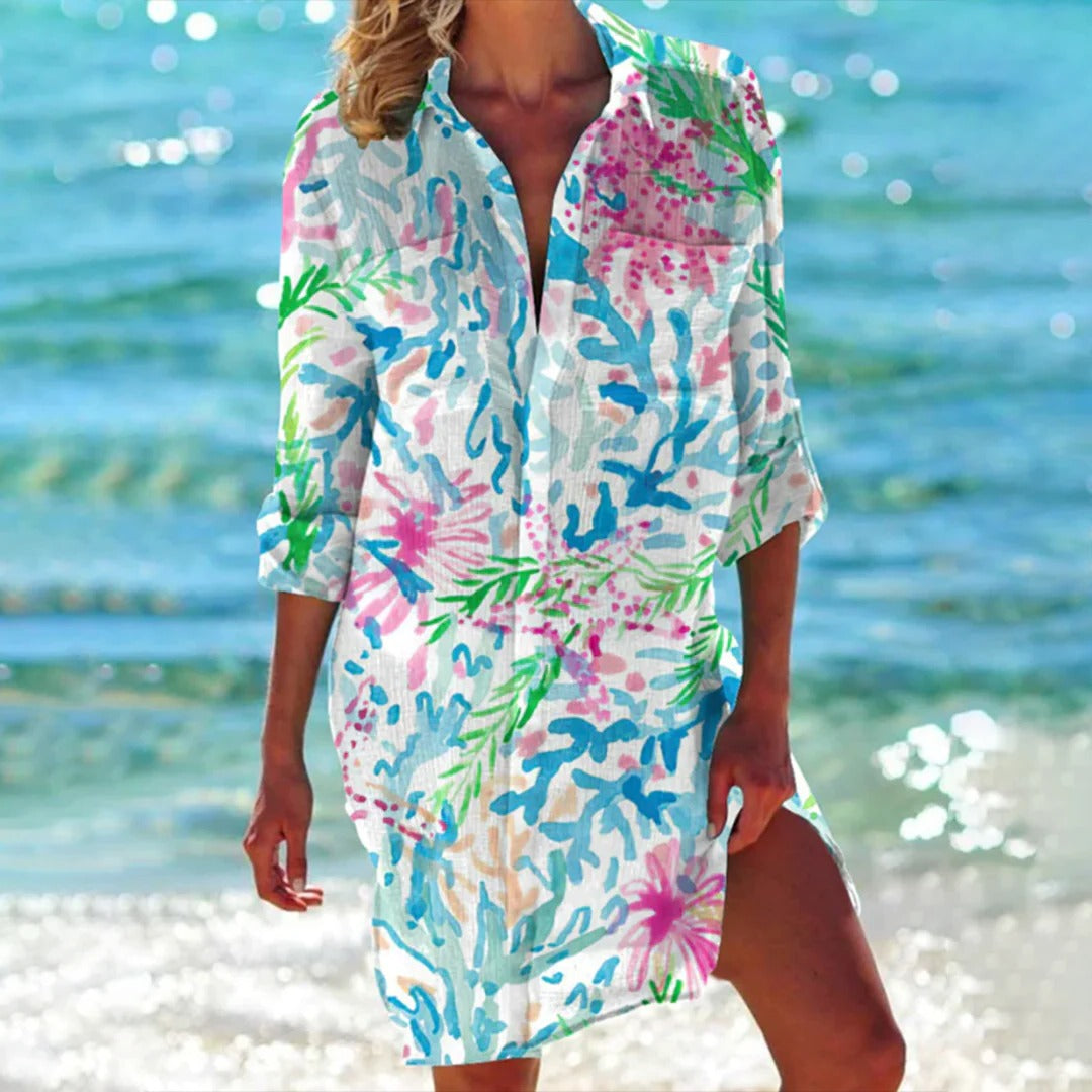 Serena Tropical Print Button-Up Shirt Dress
