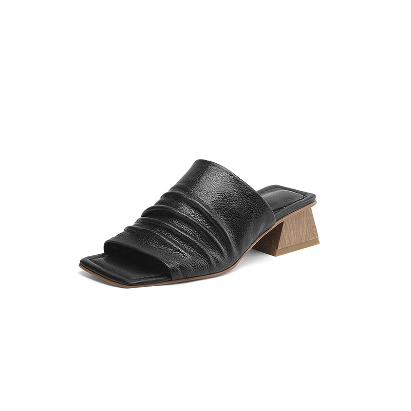 Leather Block Heel Slip-On Sandals